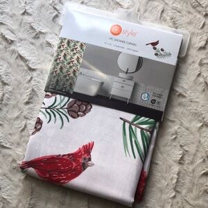 Holiday Red Cardinal Bird Pinecone Print Shower Curtain